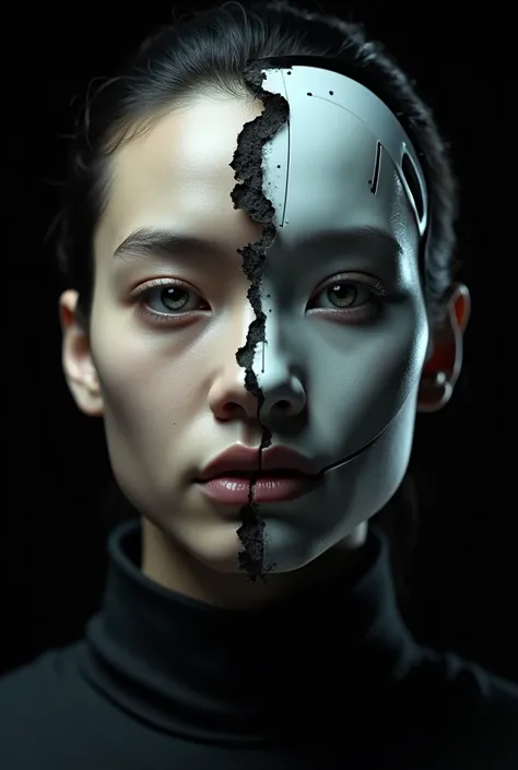 Half the face of a person and the face of a robot alluding to artificial intelligence, with shadows and black background with of magazine, with lights, Making education an illusion