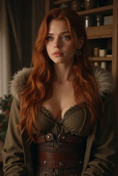 Swedish, Intimate, busty, long auburn hair, feeling , in love, wearing viking wench outfit