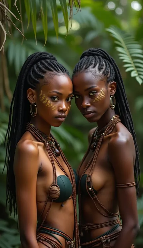 Two beautiful African model let themselves be photographed make up by wild natives. High Definition cinematic.