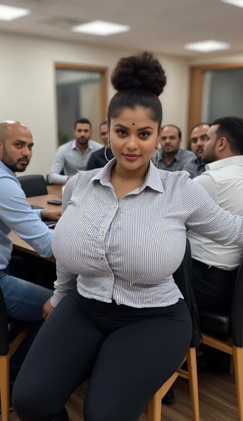 woman sitting in centre chair with a group of men, hot indian tall brown skin thick body curvy physique milf with small black dot bindhi between her eyebrow, silky pulled back twisted hairbun, big hip, big ass, thick thighs, woman wearing formal desgin str...