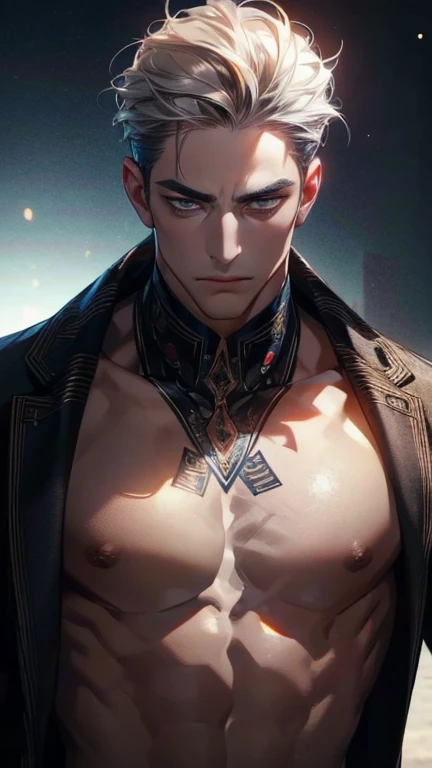 (     best quality,4K,8k,     highres,     masterpiece :1.2),     ultra-detailed     ,(realistic,photorealistic,photo-realistic:1.37),36-year-old man,10-day beard,Beautiful anime,Portraits,strong,Masculine,   with dark gray hair  ,sharp jaw,         mesmer...