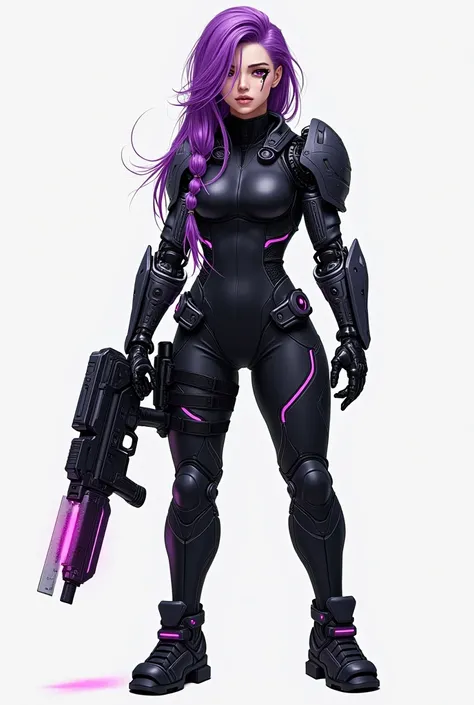 A mix of sleek cyberpunk and fierce warrior. The character is partially robotic, but the human side remains strong and expressive. Full body display

Head & Face:

Eyes: pink, with a slight mechanical sheen to one of them, hinting at her cybernetic nature....