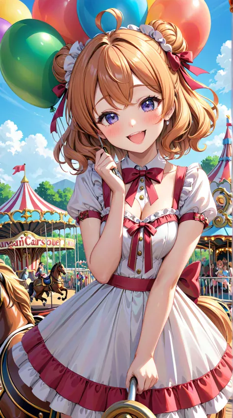  upper body close-up （((masterpiece), On[Copy Prompt]
A cheerful and charming young woman at an amusement park, holding a colorful balloon in one hand and an oversized stuffed animal in the other. She playfully winks at the viewer, her soft curls bouncing ...