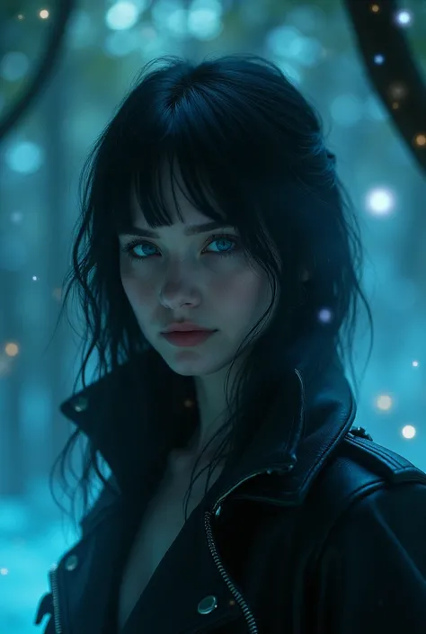 a supernatural background, a jacket , Women,  black-haired , mysterious,  blue eyes