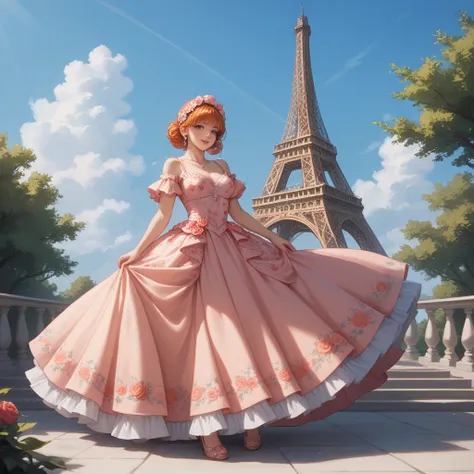 An anime-style illustration of a 'French beauty' wearing a long floral dress with a flowing skirt and frilled sleeves. The background features the iconic Eiffel Tower, set against the expansive Champ de Mars park during dusk. The sky is painted in hues of ...