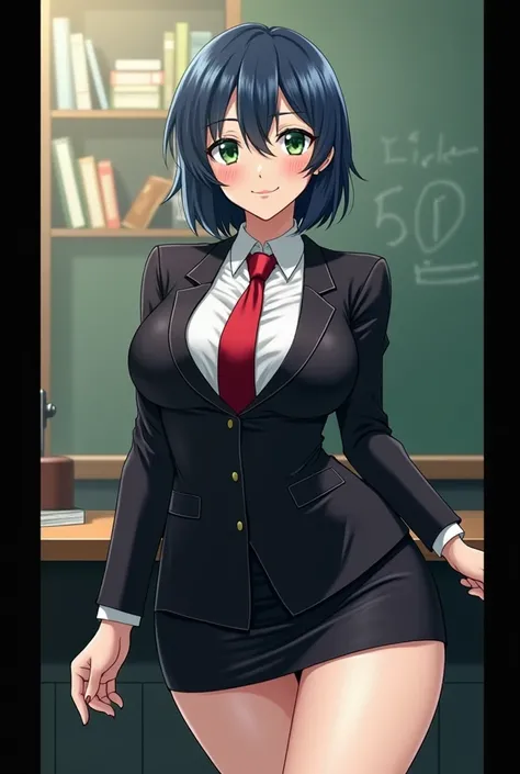  An adult woman in her 40s has short, dark blue hair,  with green eyes.  She wears a black office suit consisting of a fitted sack , a white shirt, a red tie and a short skirt .  She has a large bust and wears dark tights .  The background appears to be a ...