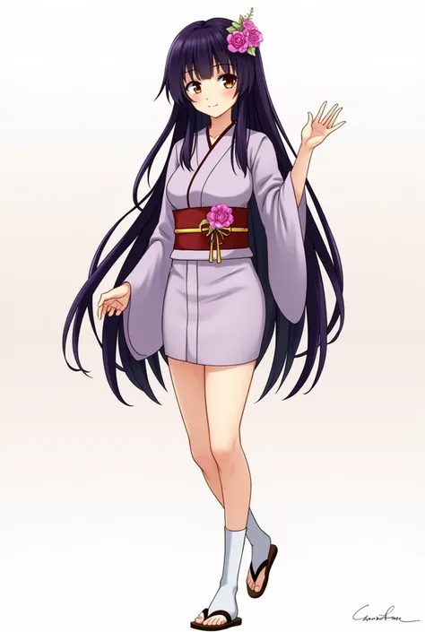 gender: female
eyes: hazelnut, sharp, beautiful, long lashes, siren
hair: dark violet, long
appearance: small flower hair-clip, kimono, socks, zori sandals, thin eyebrows, plump lips, tan skin, a small birthmark on her right cheek
body type: busty, skinny