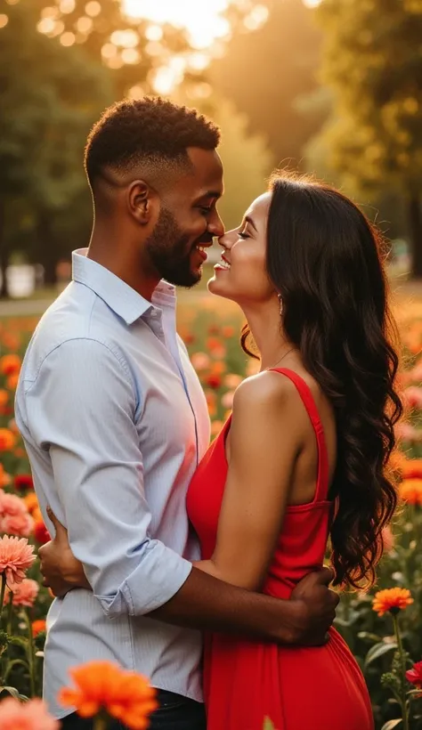  A passionate couple meets in a flowery park during dusk . The Man, dark skinned, Show a radiant smile ,  with short, well-groomed hair ,  wearing a light white shirt . the woman,  dazzling,  has long wavy hair and wears a vibrant red dress that highlights...