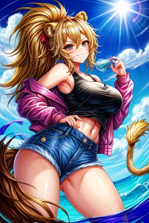 1girl, Solo, High Resolution, Masterpiece, Anatomically Correct, Accurate, Best Quality, High Quality, Super Detailed, UHD, High Details, HD, Award Winning, Blonde Hair, Bangs, high ponytail, Breasts, Large breasts, Lion Ears, smug face, Multiple Views, li...