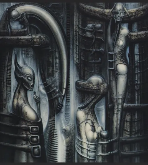 DARK BLACK COLORS, Giger_style, H. R. Giger's g1g3r, , Giger_style, The image is a detailed view of H.R. Giger's \" HRG Aleph \" plate, featuring ( The image depicts a surreal, intricate artwork featuring two humanoid figures with mechanical or industrial ...