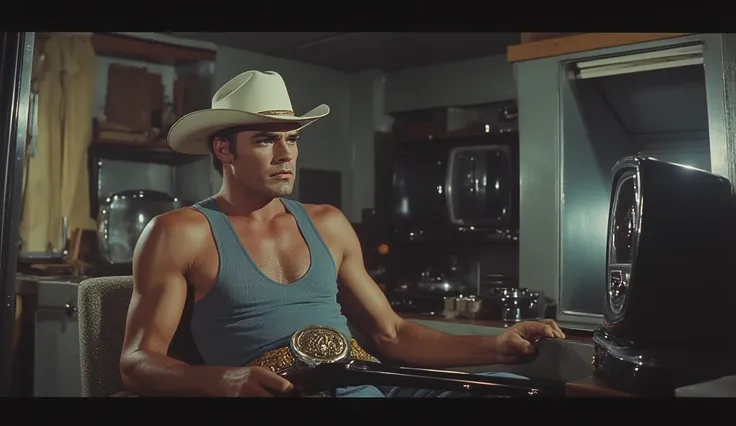 Marlon Brando as Budd, unshaven and wearing a tank top, sitting in a cluttered 1950s trailer. A shotgun rests on his lap as he watches a small black-and-white TV. The atmosphere is gritty and tense. He wears a white cowboy hat.