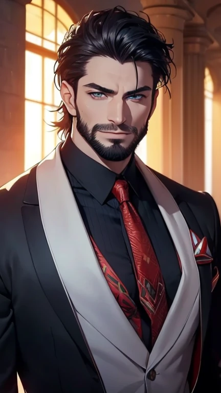 (   best quality,4K,8k,   highres,   masterpiece  :1.2),   ultra-detailed   ,(realistic,photorealistic,photo-realistic:1.37),34 years old, man,3 day beard,Beautiful anime,Portraits,strong,Masculine,   with dark hair  ,sharp jaw,    mesmerizing eyes    ,   ...