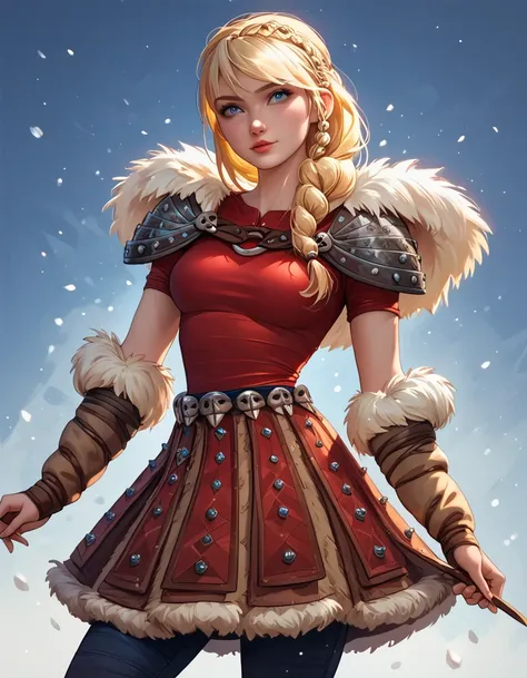 AstridXL,,
blonde hair, braid, blue eyes,,
shoulder armor, pauldrons, pants, skirt, fur trim, red shirt, boots,, sexy posing, neutral background