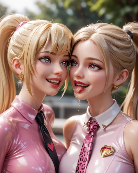  2 girls,     ponytail look, pony ,   blonde hair , Breasts, smile,  lens reflection ,     reflecting light    ,     high resolution ,     masterpiece  ,    in extremely tight-fitting  ,  shiny pink latex polo shirt,  Langarm , saliva, salivafluss, salivas...