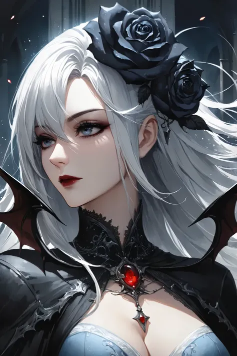 anime Vampire girl, long white hair, gothic style, roses in hair, dark black eyelashes, white glow irises, light blue dress, digital illustration, comic style, gothic renaissance, perfect anatomy, centered, approaching perfection, dynamic, highly detailed,...