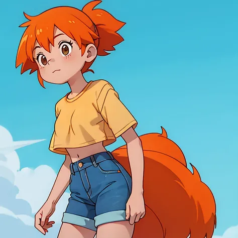 young girl Misty orange hair tired of wearing her high-waisted mom jeans shirtless