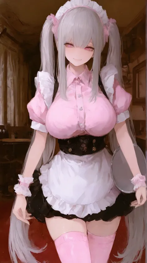 masterpiece,  top quality,  1 girl, Alone, Alisand ,  pink eye, Gray Hair,  Twin Tails,  very long hair, bangs,  medium boobs, Maid headdress, Maid,  Underbust , smile, Indoors, Carrying tray ,  standing,  pink thigh high socks ,  pink shirt, fluffy short ...