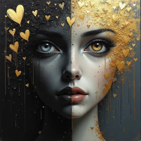 perfect and detailed realistic image representing emotions, look in love, representation of the woman of hearts, full figure, hd, half black and white and half color of a painting made with confused brush strokes of gold and silver, artistic style effect a...