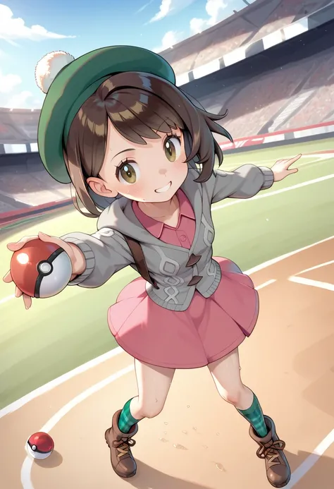 Character Gloria_pokemon , alone, Short Berry,,  small breasts ,skinny. pokemon,  blacks,  Marrones, pokeball, battle , maniac,  different expressions. Green headwear, tam o' shanter, grey cardigan, pink dress, green socks, plaid socks, brown footwear, boo...