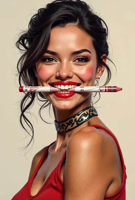 Generate a woman smiling proudly displaying an intricate lip pencil glued between her teeth and her hands tied behind her back 