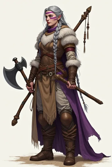 An illustration of Dungeons and Dragons. A fair-skinned Goliath woman with purple stripes across her body, measuring 1,95 meters,  muscular body ,  is comfortable wearing lighter leather and fur clothing instead of heavy armor.  Long braided gray hair drap...