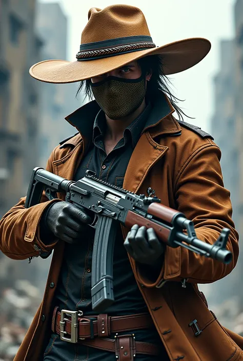 An anime character wearing a straw hat, brown leather with a mask and a black-collar coat on his hands, has Jaki del Conquistador and an Ak47 blue dragon weapon (Free Fire) 