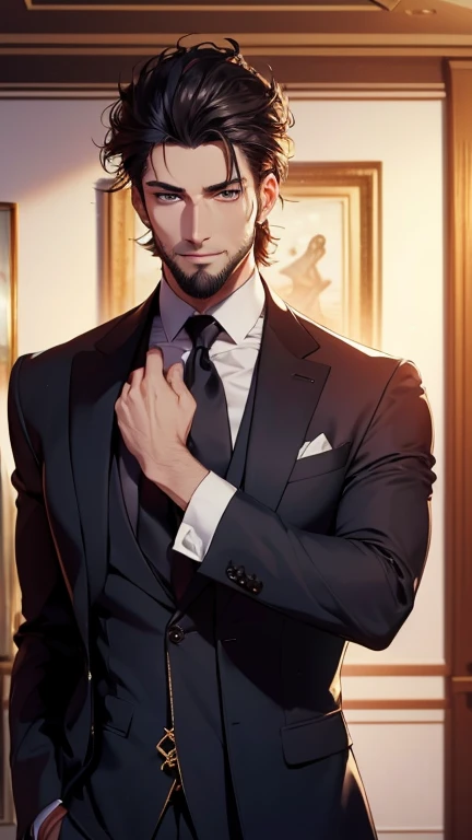 (   best quality,4K,8k,   highres,   masterpiece  :1.2),   ultra-detailed   ,(realistic,photorealistic,photo-realistic:1.37),34 years old, man,3 day beard,Beautiful anime,Portraits,strong,Masculine,   with dark hair  ,sharp jaw,    mesmerizing eyes    ,   ...