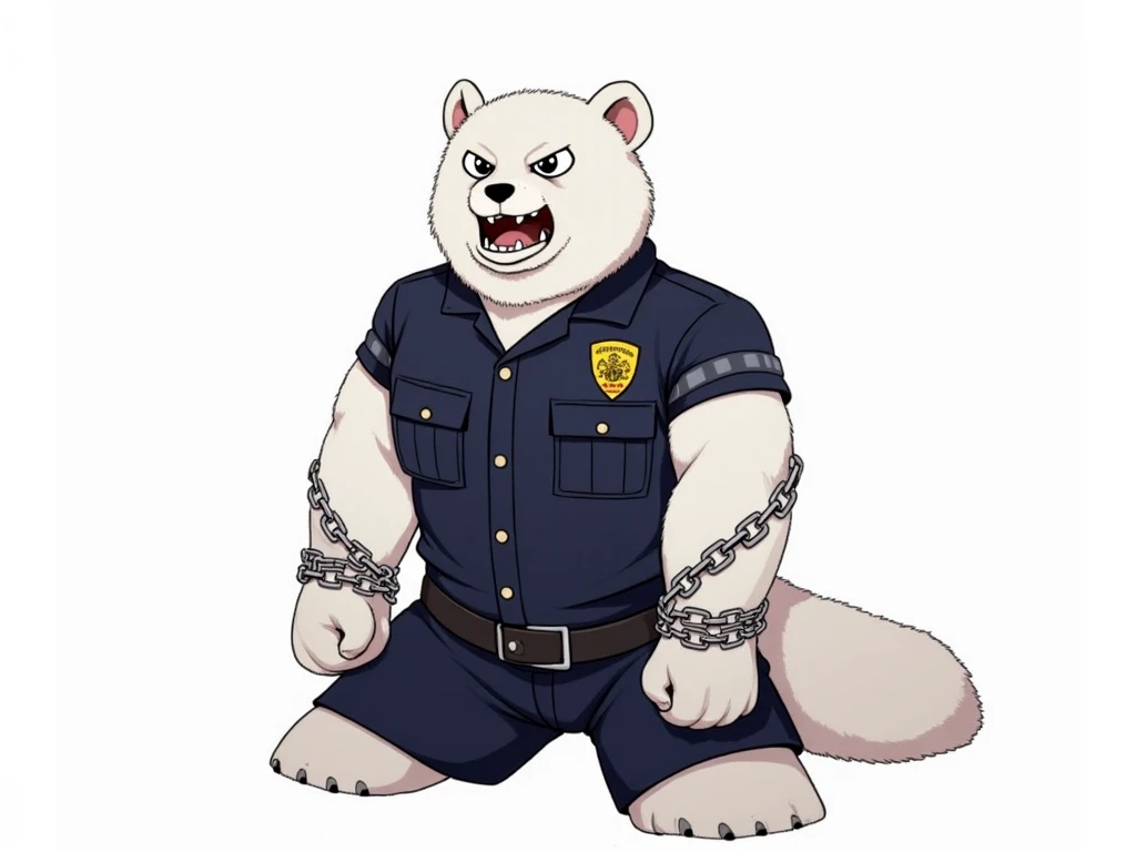 anime, furry, bara, male, muscle, police bear, white fur, police uniform, chubby:1.4, muscular:1.4, furious_face:1.4, kneeling:1.4, both_arms_tied_behind_back:1.4, upper_arms_tied_tightly_with_chains:1.4, upper_body_tied_tightly_with_chains:1.4, knees_tied...