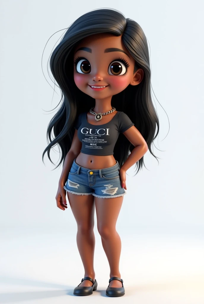 Create avatar of a 3D Disney Pixar character best image , With an all-female body, short brownskin ,  long straight dark blond hair with a yellowish white patch on the front of the hair  , Medium smile well-designed lips ,well-drawn eyebrow  ,  light brown...