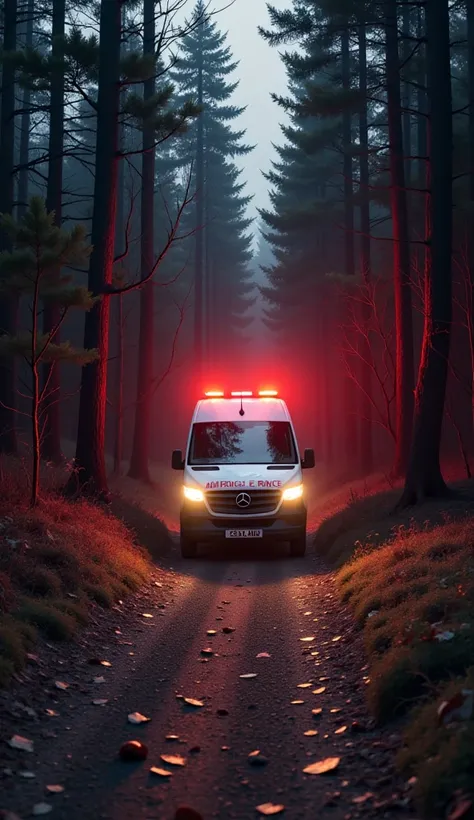 "An animal rescue ambulance speeding along a narrow dirt path in a dense forest. Red emergency lights flash as the van navigates through trees and bushes. The forest atmosphere is dim as the sun sets, with dry leaves and thick vegetation along the trail."
...