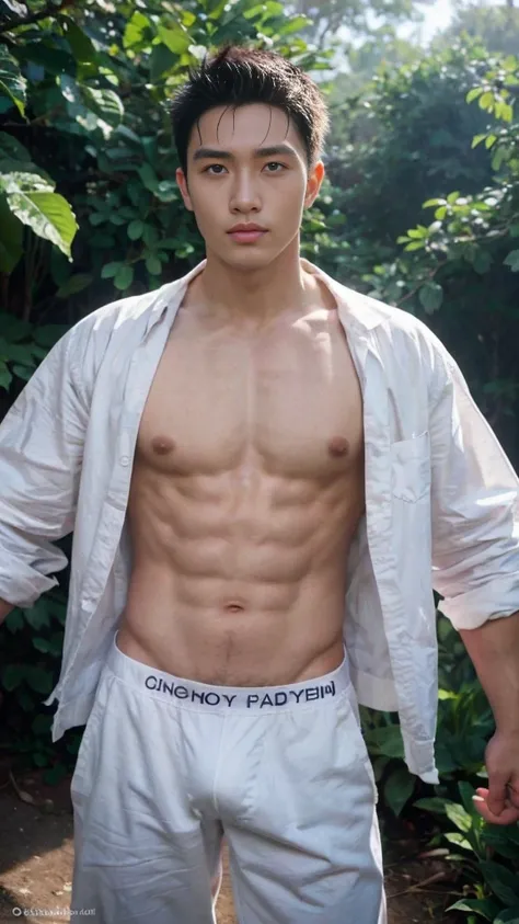 1Man, ((male model )) heaty skin, masterpiece, best quality, most handsome man in the world, by Shen Quan, prefect body, beautiful male model, an attractive man 18-24 years old aesthetic, at spring flower booming, green fields, spring, plains, trees, flowe...