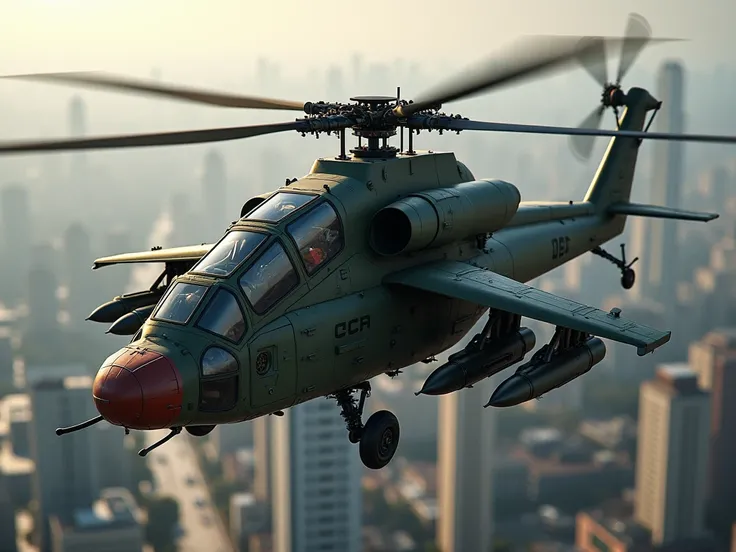 Russian helicopter with several missiles on its sides flying over a city 