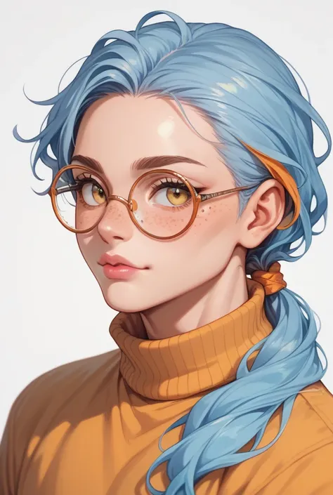 A somewhat muscular boy, with fair skin, freckled cheeks, long wavy light blue hair tied in a low ponytail, yellow eyes with orange highlights, a white turtleneck shirt, wears round glasses, and somewhat pink lips. 