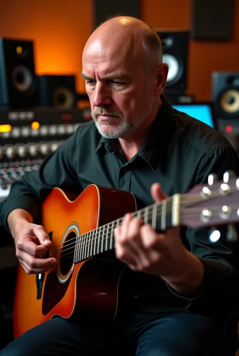 bald 40-year-old man sitting in a music studio with a guitar in his hands.  Face well lit 