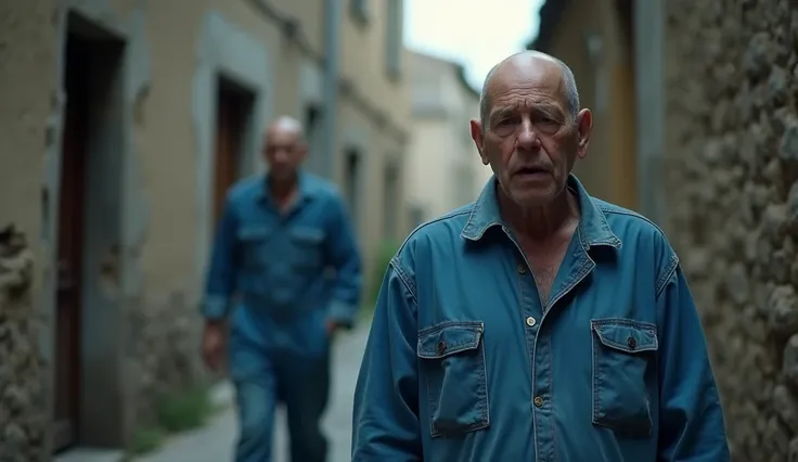 Realistic close-up, Hologram of a spirit soul possessed in pain, Next to an old town man with a shaved head I'm wearing an old blue jumpsuit from a farmer's mechanic, In a ruined street in the village of Cañizares de la Serranía de Cuenca, alta resolución,...