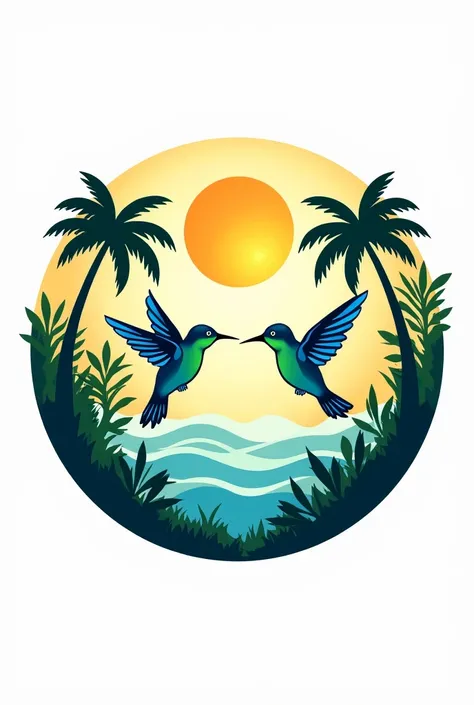 Create an image about a logo inspired by nature 
Containing ocean hummingbirds 
Sun trees and make it creative
In a circular shape 