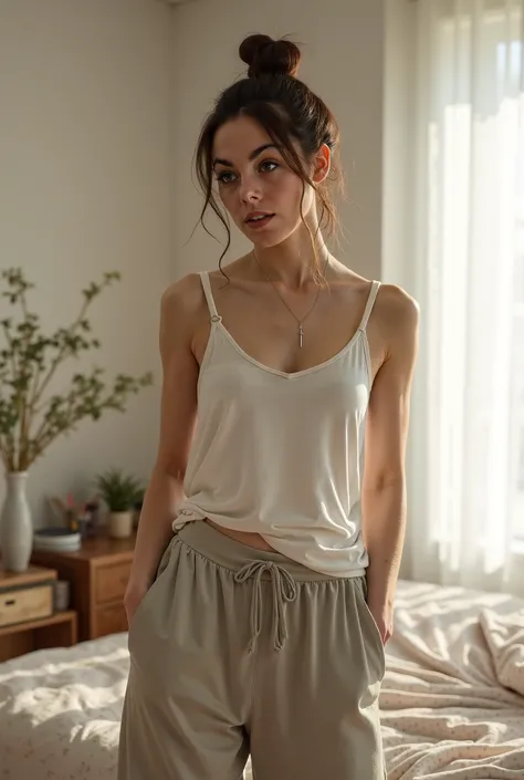 woman in loose plain white tank top, baggy sweatpants low on hips, hair in a bun, bedroom