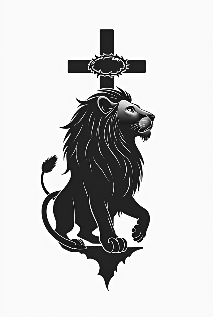 Make a lion in profile , simple vector style in black and white with cross and crown of thorns and few details 