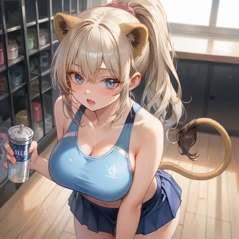 1girl, Solo, High Resolution, Masterpiece, Anatomically Correct, Accurate, Best Quality, High Quality, Super Detailed, UHD, High Details, HD, Award Winning, platinum Hair, Bangs, high ponytail, Breasts, Large breasts, feline ears, open mouth, Multiple View...