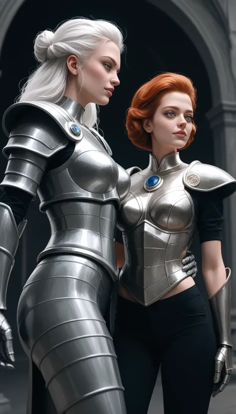 there are two women in armor standing next to each other, highly detailed surreal vfx, inspired by Peter Lindbergh, desaturated and muted colors, inspired by Nikola Avramov, clockpunk, detailed and beautiful faces, by Steven James Petruccio, prometheus (20...