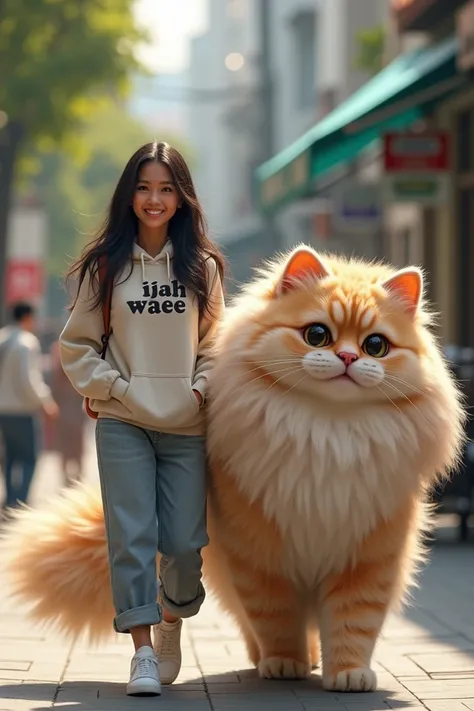  a woman Malay 25's ,  wearing  hoddie  written  " ijah Waee" in casual clothes walking with a very large and fat Angora cat, smiling face, black long haired , realistic 