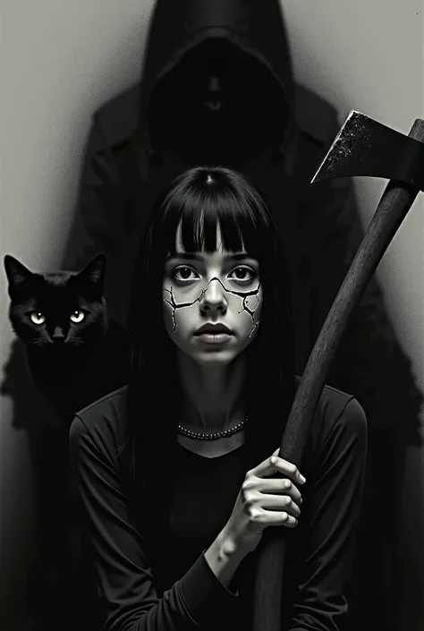 Black and white photo, A dark-haired girl,  black-eyed.  Half of her face is shattered ,  from a distance there is a black cat .  Next to her there is a black shadow, holding an ax . anime