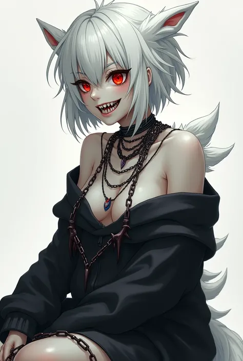 woman, Pale white fur , crimson eyes, messy and short white hair,  pointy teeth,  loose black sweatshirt covering the thighs ,  some chains through the clothes and a collar with thorns *2D anime version *