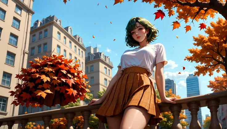 "A cozy woman standing on a balcony during a crisp autumn day, wearing a plaid skirt and a warm crop top. Her ombre green hair reflects the soft amber light of the season. Below, the city streets are lined with trees covered in red and orange leaves, creat...