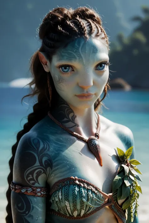 female, close-up portrait, looking at the viewer, detailed blue eyes, blue skin, long hair in curls, one long braid, muscular body, wearing tribal clothing, wearing a tribal seaweed bikini top, tattoos, tail, big pointy ears, four fingered hands, beach bac...