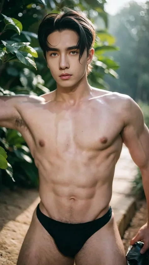 1Man, ((male model )) heaty skin, masterpiece, best quality, most handsome man in the world, by Shen Quan, prefect body, beautiful male model, an attractive man 18-24 years old aesthetic, at spring flower booming, green fields, spring, plains, trees, flowe...