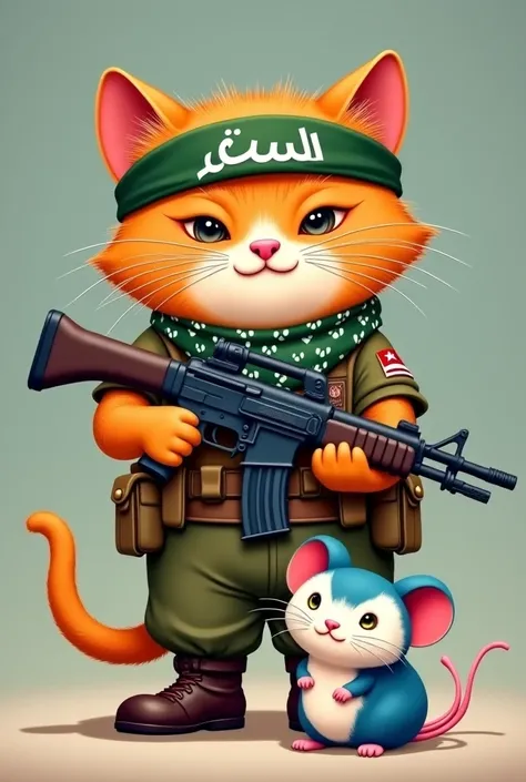 Orange cat with gun in hands in army uniform with green half head band and white black dot print neck scarf .There should be a double color mouse in white and blue color infront of that cat
کتائب القسام Head band serious looking chubby cat holding gun in u...