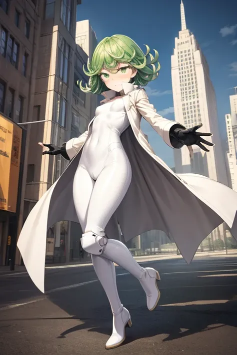 Masterpiece, best quality, ultra detailed, illustration, lighting epic, cinematic composition, 1 girl, Tatsumaki, short hair, green hair, small breasts, green eyes, bright eyes, blushing, closed mouth, full body, tall, long beige trench coat, open trench c...