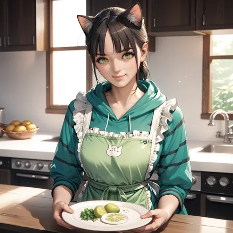 Ultra-realistic, photorealistic, dramatic scenes, global illumination, (Japanese woman in her 20s), very beautiful and delicate Japanese woman, very cute, with slash-cut hair in a 7:3 split, (medium bust), slim waist, (wearing a horizontally striped lime g...