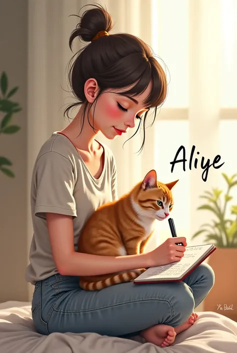 Let a  girl with a cat in her lap write Aliye in a sketch outfit 